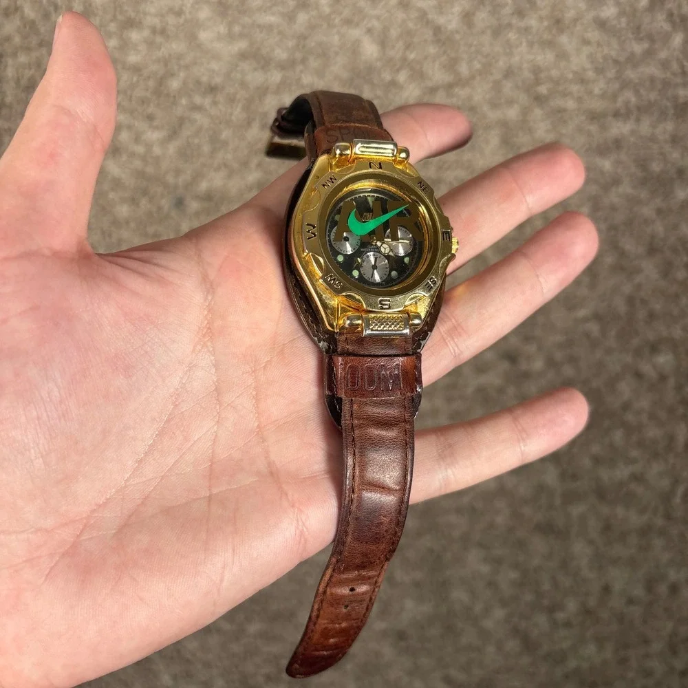 Vintage Nike Air Sport Compass Watch Gold Flip Top Brown Leather Strap *WORKS*